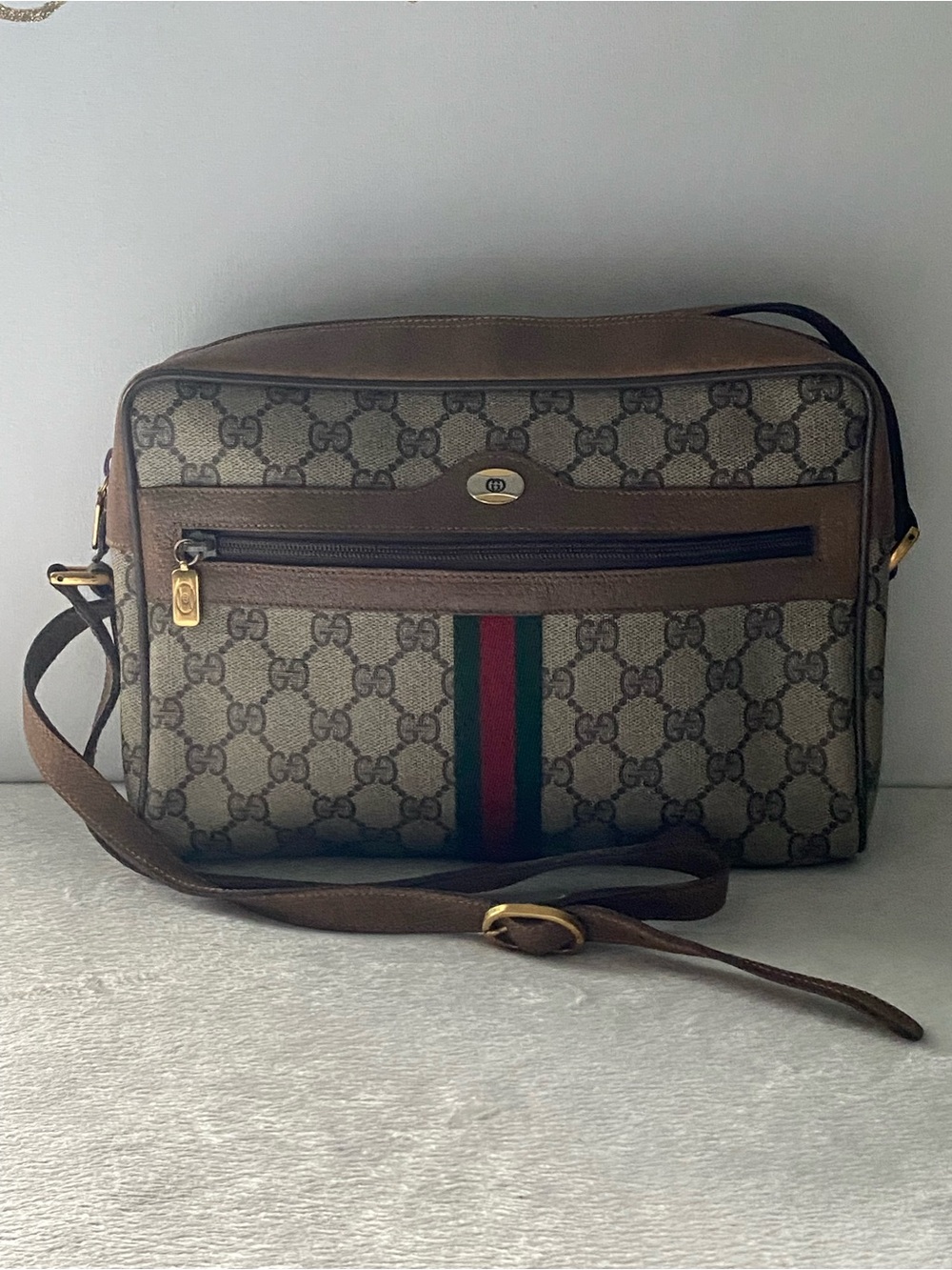 Gucci Beige Brown GG Canvas Messenger Bag with Green-Red Web Stripe
